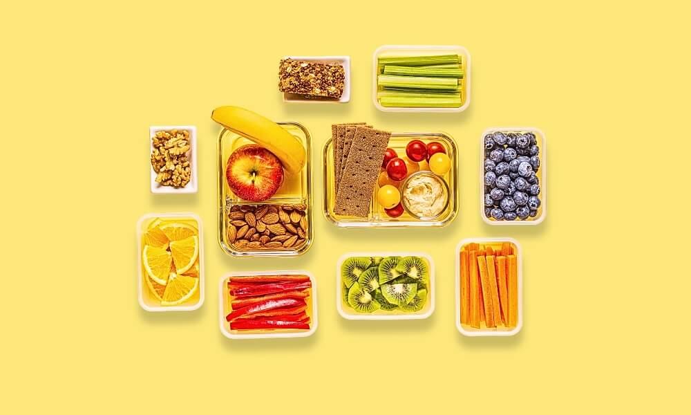 healthy snacks and food on yellow table