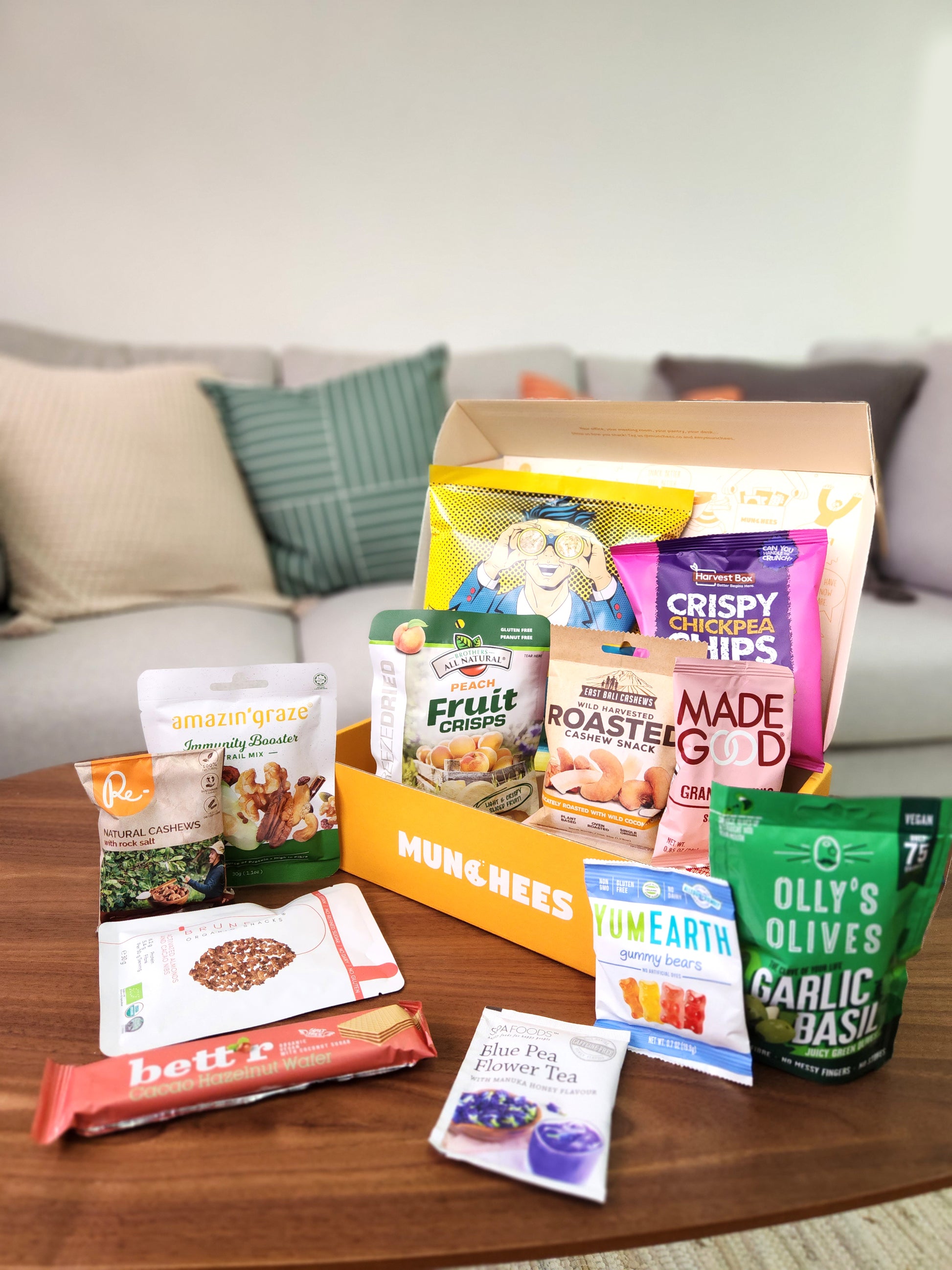 the healthy snack box in front of the sofa for office pantry snack and corporate gifting